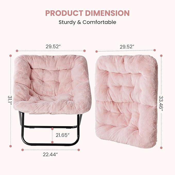 Simple Deluxe Oversized Square Moon Chair for Adults Soft Faux Fur Folding Lounge Chair with Sturdy Steel Frame Comfortable Reading Gaming Chair for Living Room Bedroom Pink
