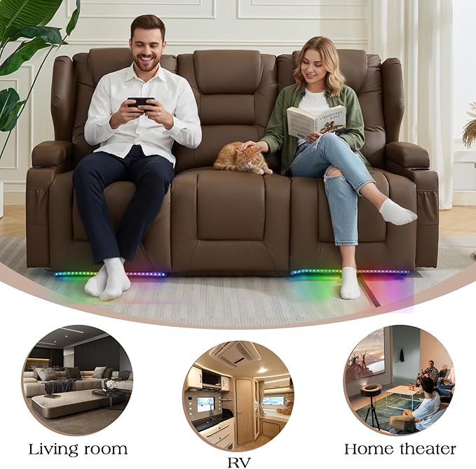 3-Seater Power Recliner Sofa Couch Flip Middle Backrest Reclining Sofa Chair for Living Room with Charging Station/Cup Holders/LED Ambient Light