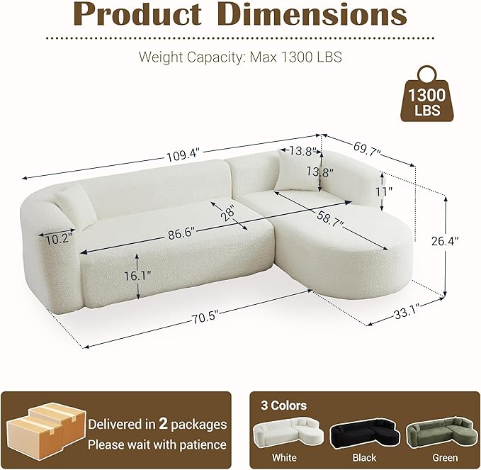 110 Inch Boneless Couches for Living Room Modern Modular Sectional Curved Sofa with Chaise Minimalist L-Shape Cloud Sectional Couch No Assembly Required (Beige Right Facing Chaise)
