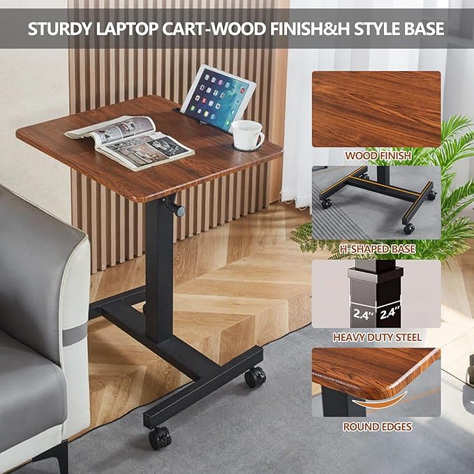 Mobile Standing DeskHeight Adjustable Overbed Bedside Table with Wheels&ampCup HolderHand Crank Sit Stand Desk and Laptop CartComputer Workstation for Home Office Classroom Hospital (Manual Walnut