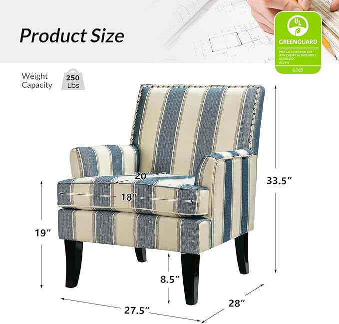 HULALA HOME Modern Accent Chair with Arms and Wooden Legs Mid Century Accent Chair Armchair High Back Rest Padded Armrest and Comfortable Cushioned Seat for Living Room (Stripe Blue)