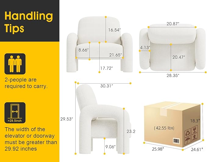 Modern Sherpa Accent Chair Teddy Upholstered Arm Single Sofa Cozy Fluffy Reading Chair for Living Room Bedrooms Corner (Cream White)