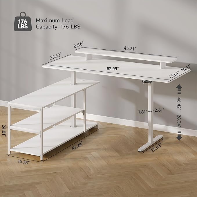 Standing Desk with File Cabinet 63x24'' L Shaped Electric Stand Up Desk with Adjustable Monitor Shelf Adjustable Height 28-46'' for Home and Computer Workstation White