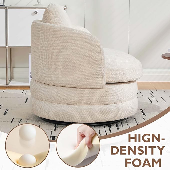 Swivel Accent Chairs 360° Round Swivel Barrel Chair with Pillow for Reading Room Bedroom Beige Chenille Armchair Single Club Chair for Living Room (Beige)