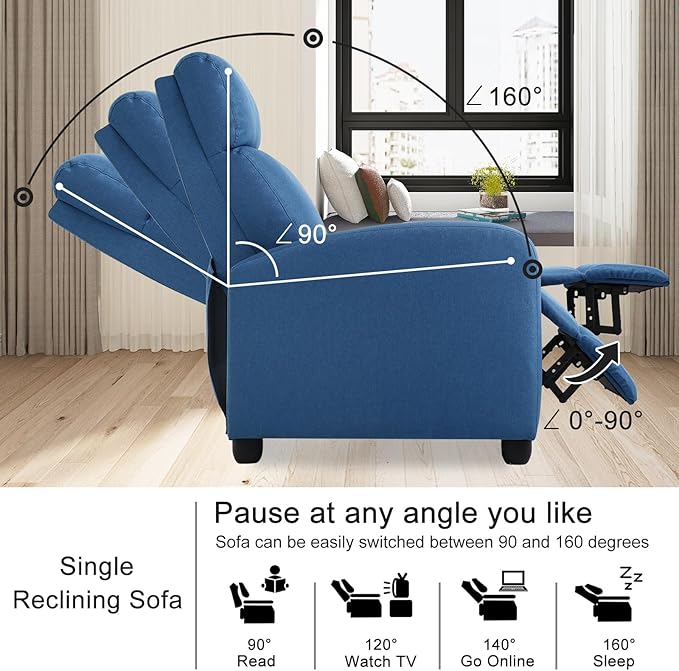 Recliner Chair for Living Room Fabric Sleeper Chairs for Adults Adjustable Comfortable Chair Single Sofa Chair Reading Chair for Bedroom with Footrest (Leather Blue)