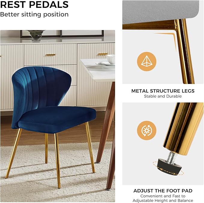 HULALA HOME Velvet Dining Chairs Modern Small Armless Accent Chair with Gold Metal Legs Living Room Upholstered Cute Side Chair Elegant Tufted Back Vanity Chair for Bedroom/Beauty Room-Navy