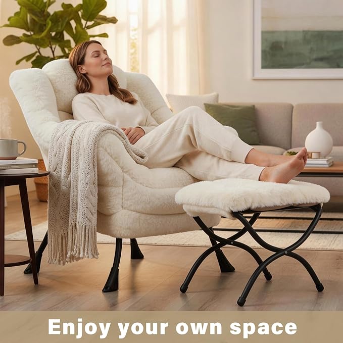 Lazy Chair and Ottoman Large Plush Beige Contemporary Accent Chair with a Side Pocket Modern Leisure Upholstered Reading Armchair with Footrest for Office Bedroom Living Room Balcony