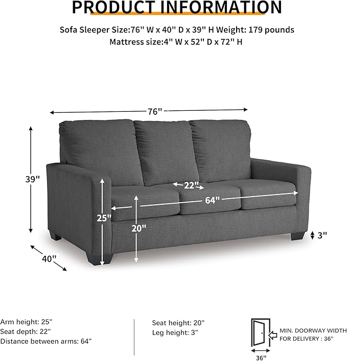 Signature Design by Ashley Rannis Casual 2-in-1 Sofa Sleeper with Folding Gel Memory Foam Mattress Full Gray