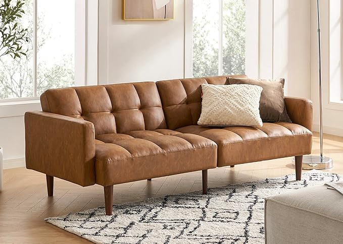 mopio 76.4 Futon Sofa Bed Couch Loveseat Sleeper Sofa Mid Century Modern Futon Couch Sofa Cama Couches for Living Room (Aaron PU Pecan Brown)