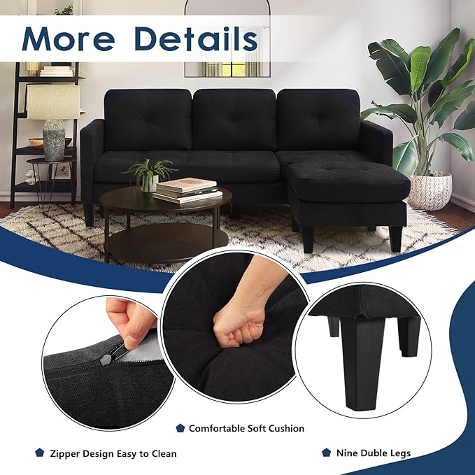 Convertible Sectional Sofa Couch Modern L-Shaped Couch 3-Seat Sofa Reversible Sectional for Living Room Apartment and Small Space (Black)