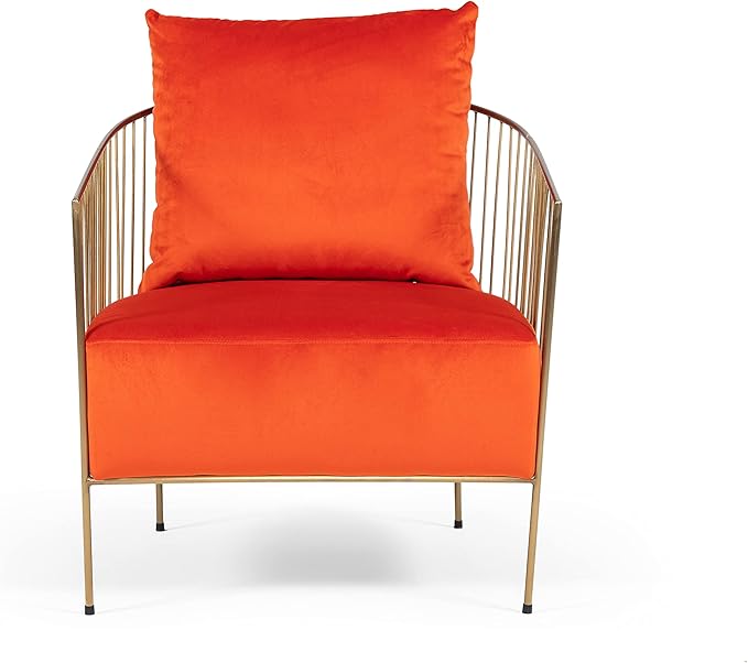 Limari Home Margaux Collection Glam Style Living Room Velvet Fabric Upholstered Accent Chair with Gold Frame &amp Legs Orange