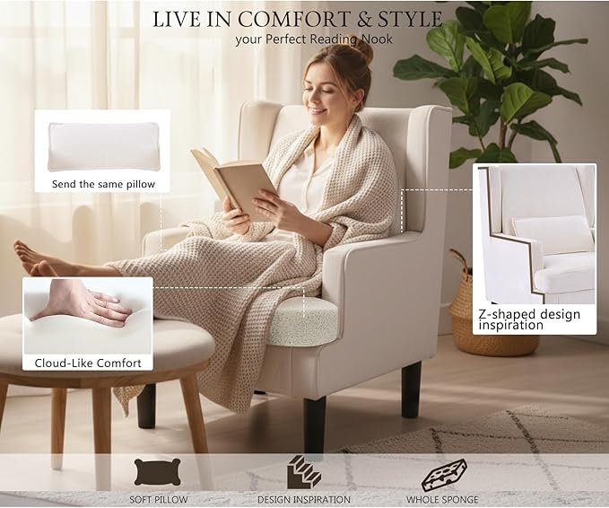 Accent Chairs Set of 2 for Living Room Chairs Modern Accent Chair Oversized Reading Chair for Living Room Sofa Chair with High Back and Wood Legs Upholstered Armchair Comfy Chair for Bedroom (Beige)