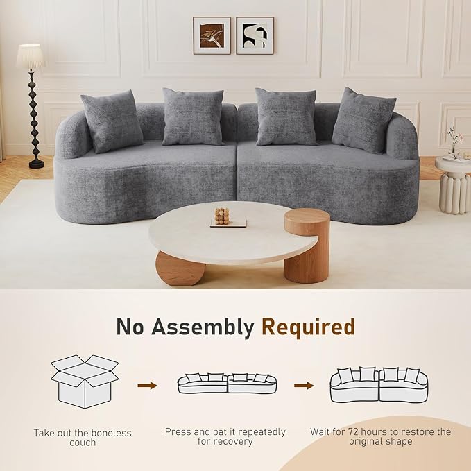 Furnimart 112 Curved Couches for Living Room Modern Chenille 4-Seater Sectional Sofa Deep Seat with 4 Throw Pillows Plush Modular Couch No Assembly Needed Dark Grey