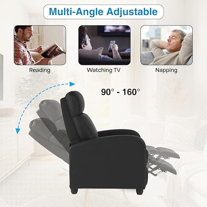 Recliner Chair Living Room Chair PU Leather Reclining Sofa Lounge Home Theater Seating with Lumbar Support Overstuffed High-Density Sponge Push Back Recliners Armchair for Living RoomBlack