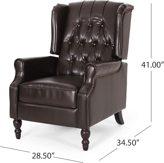 Christopher Knight Home GDFStudio Elizabeth Tufted Bonded Leather Recliner Vintage Reclining Reading Armchair 28.5D x 34.5W x 41H in Brown