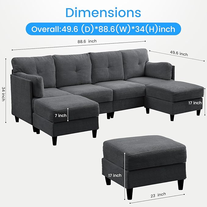 PUREMIND 89 U Shaped Sectional Couches Corduroy Sectional Sofa with Reversible Storage Ottoman 4 Seater Sofa with Throw Pillows Upholstered L-Shaped Couch for Living Room Dark Grey