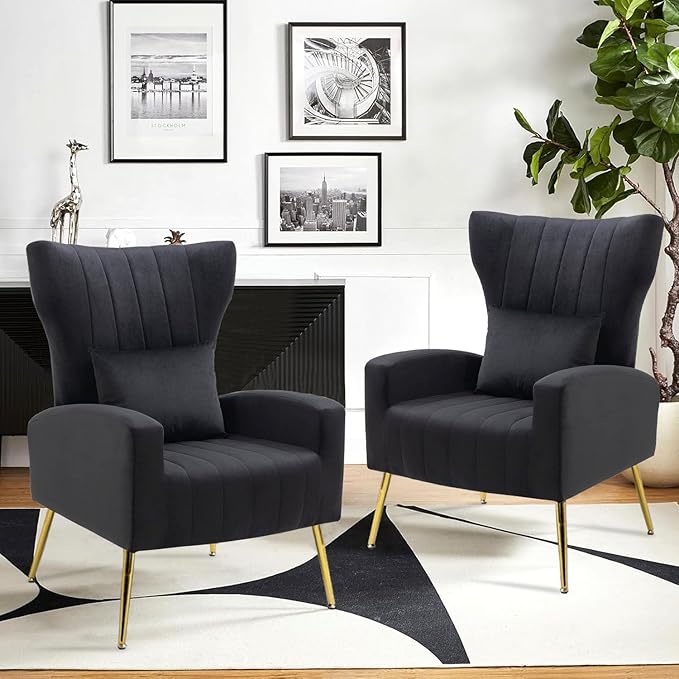 Velvet Accent Arm Chairs Set of 2 with Wingback &amp Lumbar Pillow Modern Armchairs for Living Room Bedroom Guest Reception Side Chairs for Office Gold Finish Black
