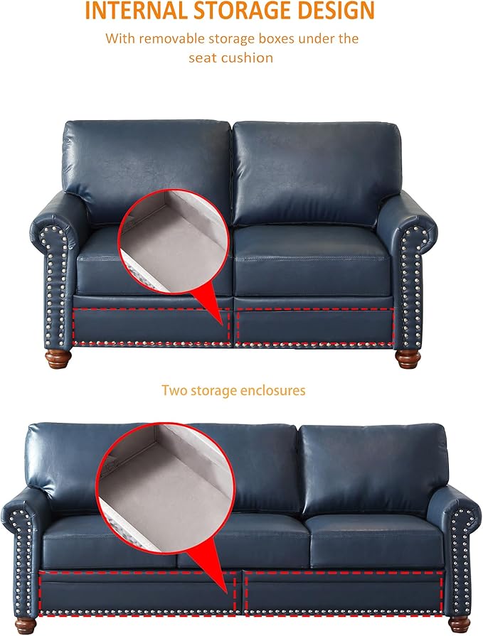 Faux Leather Sofa Set of 2: Love Seat +3 Seat Couch Underseat Storage Classic Sofa Elegance Rolled Armrests Nailhead Trim Wood Legs Classic Living Room Accent 2+3 Seat-Navy Blue