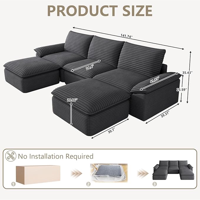 111 Cloud Sectional Couch with U-Shaped Chaise Corduroy Sectional Sofa with Ottoman Boneless Couch with Deep Seat in a Box for Living Room No Assembly Required (Dark Grey)
