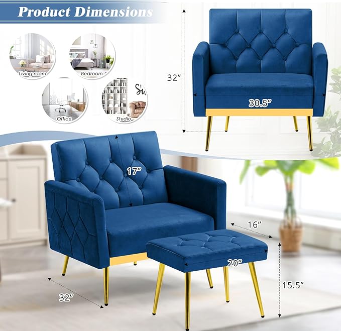 Velvet Accent Chair w/Adjustable Armrests and Backrests Tufted Single Sofa with Ottoman Upholstered Reading Chiar for Living Room Apartment Bedroom Blue
