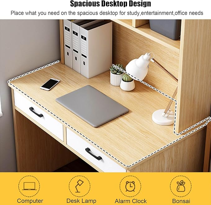 Wooden Computer Desk with Hutch and BookshelfHome Office Desk with Drawers and Storage Shelf Space Saving Writing Study Desk Workstation(27.5 L x 20 W x 71 H A)