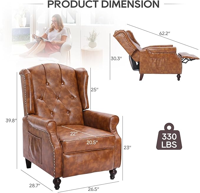 Wingback Recliner Chair with Massage and Heat Tufted Back PU Leather Living Room Armchair with Nailhead TrimPush Back Recliner Chair with Remote ControlPadded Cushion (Tawny Brown)