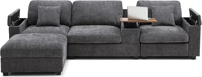 Oversized L-Shaped Modular Sectional Sofa with Storage Armrest Reversible Couch with Movable Ottoman USB Ports Cup Holders 360°Swivel Tray Comfy Cloud Cushions for Living Room or Apartment Gray