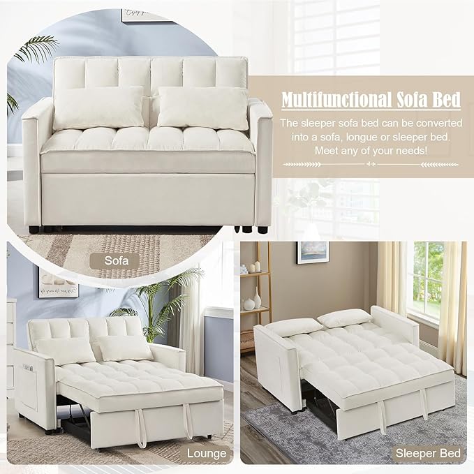 3 in 1 Convertible Sleeper Sofa Couch with Pull Out Bed55 Velvet Upholstered Futon Sofa BedModern Loveseat Sleeper Chaise with Adjustable Backrest for Living Room Guest Room Apartment(White)