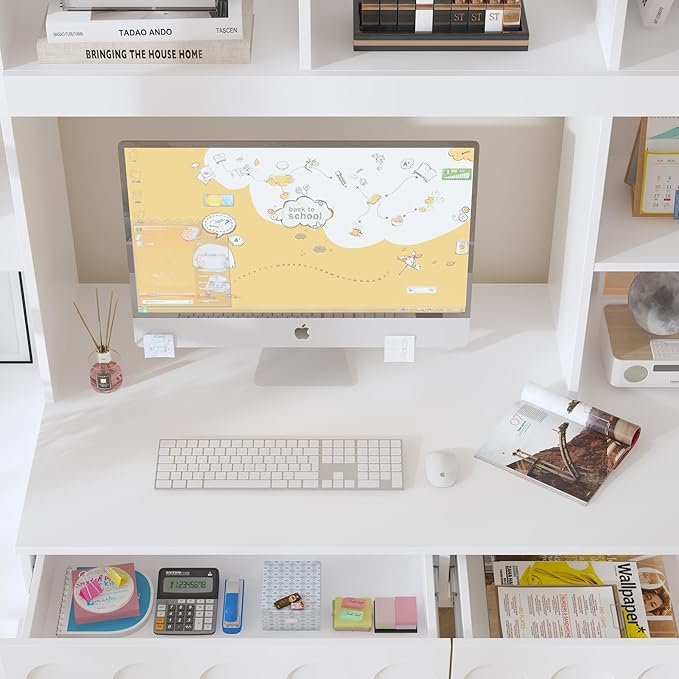 WOODTIME Home Office Computer Desk with Arch Glass Doors Drawers &amp 13 Shelves Modern Wooden Study Writing Gaming Table Workstation White