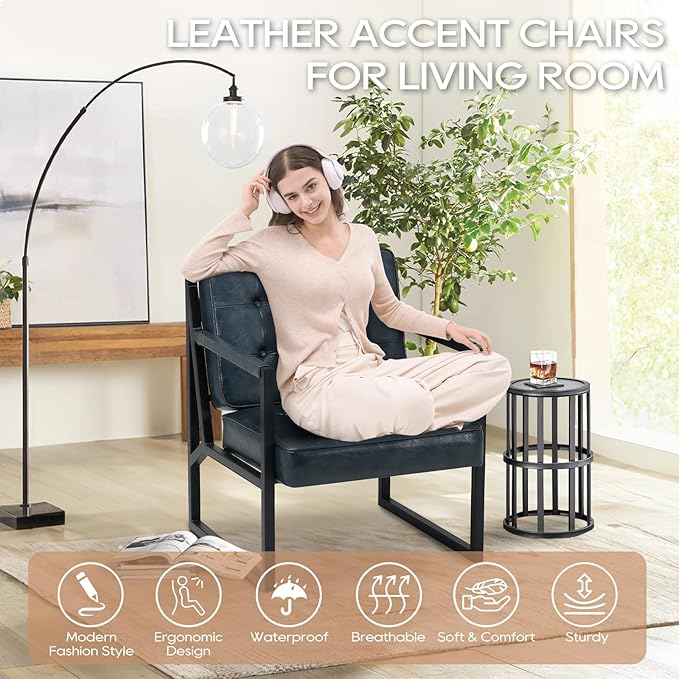 COLAMY Accent Chairs Set of 2 Modern Accent Arm Chairs for Living Room Comfy Leather Armchairs with Metal Legs for Bedroom Reception Room Blue