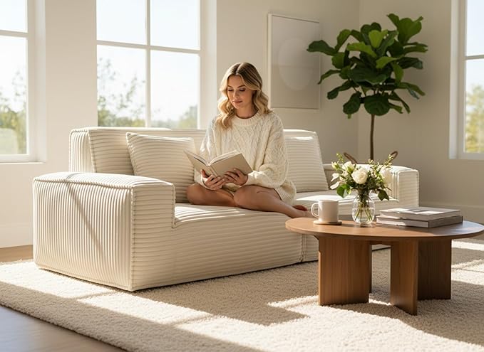 106 Cloud Sectional Couch with Deep Seat No Assembly Required Modern Upholstered Boneless Couches with 2 Pillows Full Sponge Compressed Sofa for Living Room/Apartment (Beige)