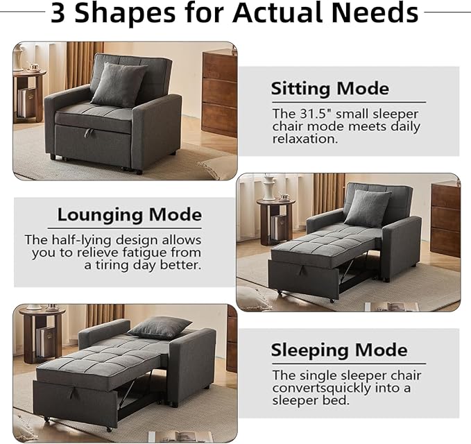 3-in-1 Convertible Sleeper Chair Pull Out Chair with Extra Pillow Lazy Chair Bed Sleeper for Adults Recliner Sofa Bed with 3 Adjustable Angles for Small Spaces Home Office Deep Gray