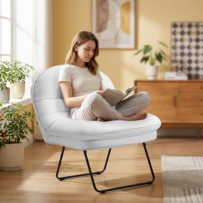 DUMOS Comfy Saucer ChairPU Leather Foldable Chairs for Bedroom Dorm &amp Gaming Fashion Floor Chair with Back Support for Small SpacesWhite