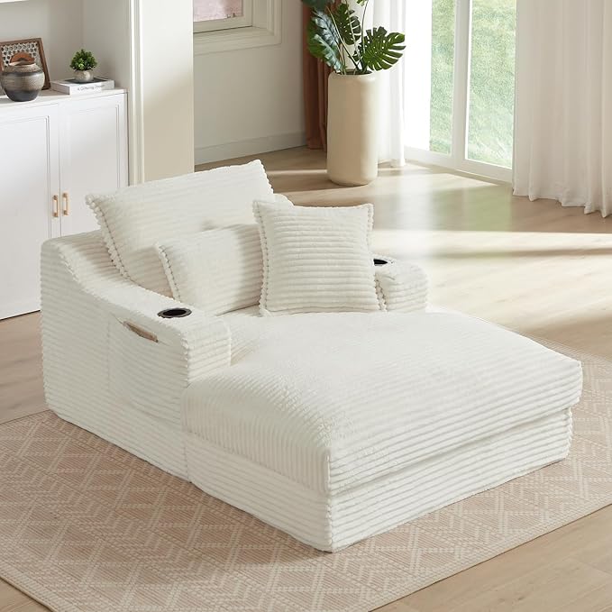 67.7 Oversized Chaise Lounge Chair Indoor Modern Corduroy Single Sleeper Couch Chair with 3 Soft Pillows＆Cup Holder Boneless Cloud Couch Single Seat Sofa for Living Room Bedroom (White)