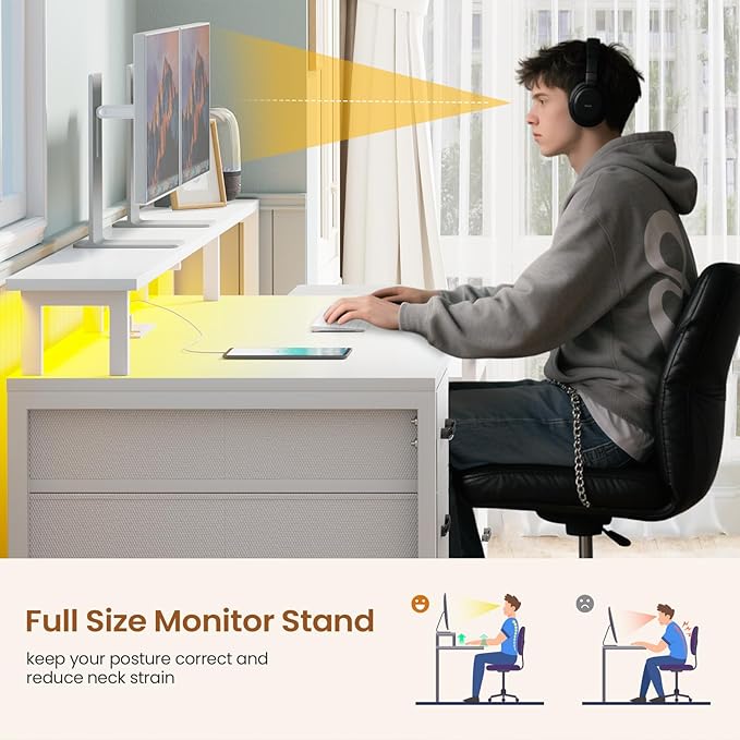SEDETA White Computer Desk with 5 Drawer &amp Power Outlet 66'' Home Office Desk with File Drawer Storage Shelves Printer Cabinet and Monitor Shelf Gaming Desk with Led Lights