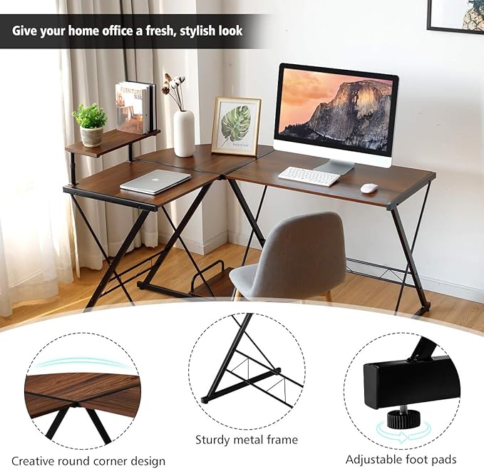 POWERSTONE L Shaped 58 Work from Home Computer Desk Rustic Writing Office Workstation Corner Curved Gaming Table with Monitor Stand and Storage Shelve