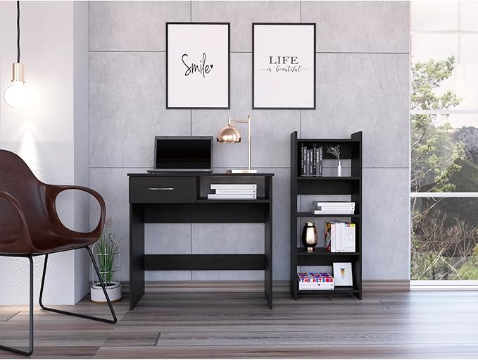Home Office Set - Compact Desk &amp Bookcase Combo with Single Drawer Keyboard Tray - Black