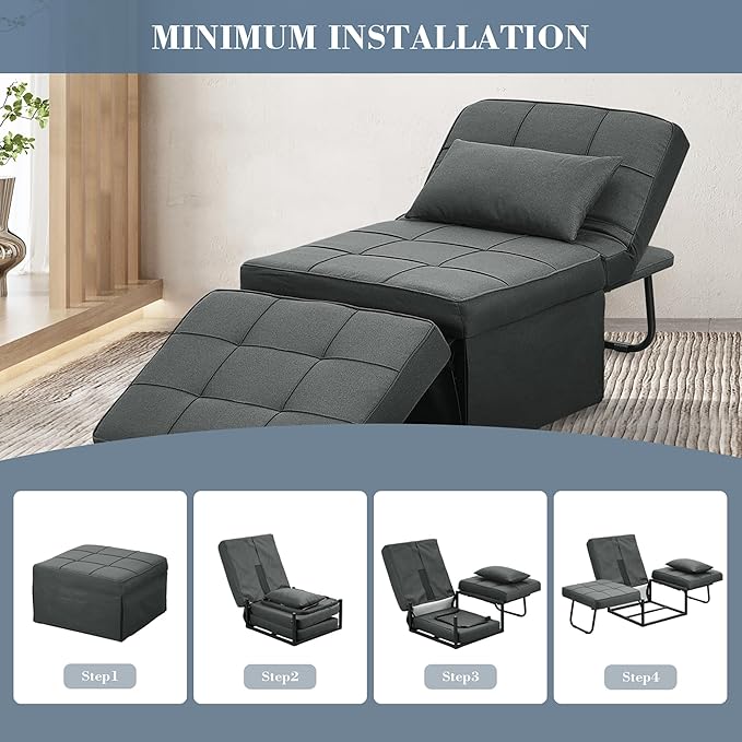 Ainfox Convertible Sofa Bed4-in-1 Multi-Functional Futon Chair Bed Folding &amp No Installation Sofa Couch with Adjustable Backrest Recliner for Living Room Small Spaces and Office(Dark Grey)