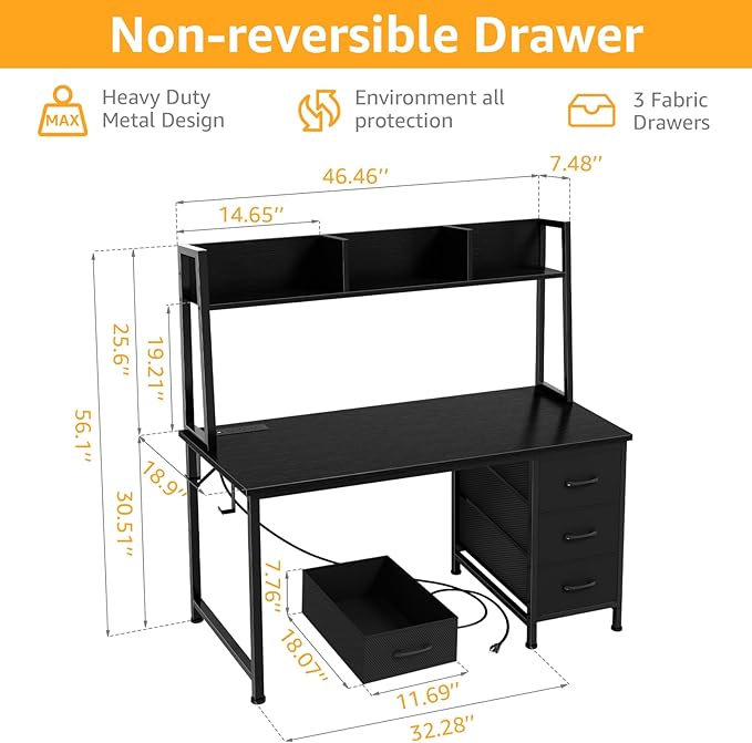 DLisiting Black Computer Desk with Hutch &amp Drawers - Office Desk with 3 Storage Drawers and Power Outlets 47 Inch Modern Study Writing Desk for Bedroom Home Office