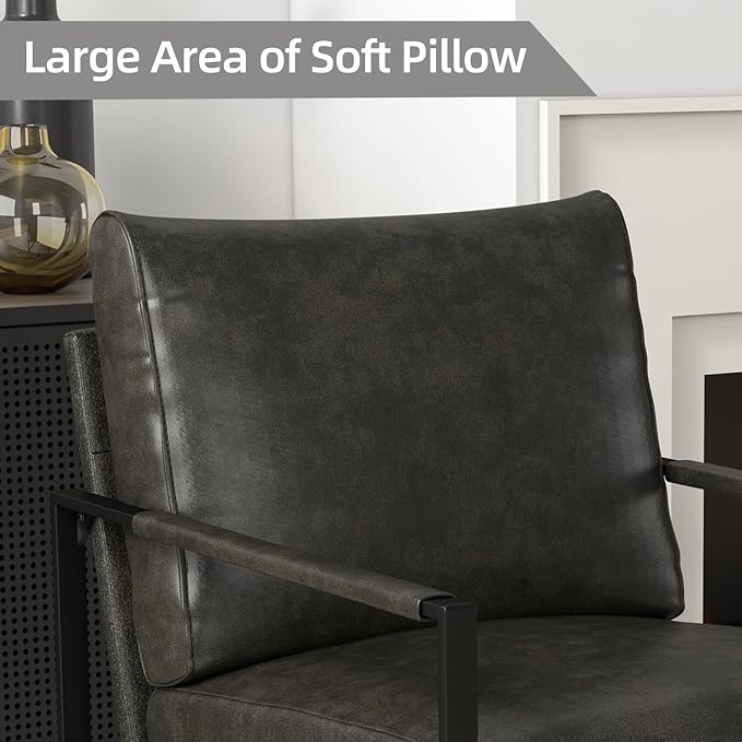INZOY Leather Accent Chair with Metal Frame Comfy Living Room Chair with Plump Cushion and Backrest Mid Century Modern Chair with Sturdy Structure Easy to Clean Dark Grey