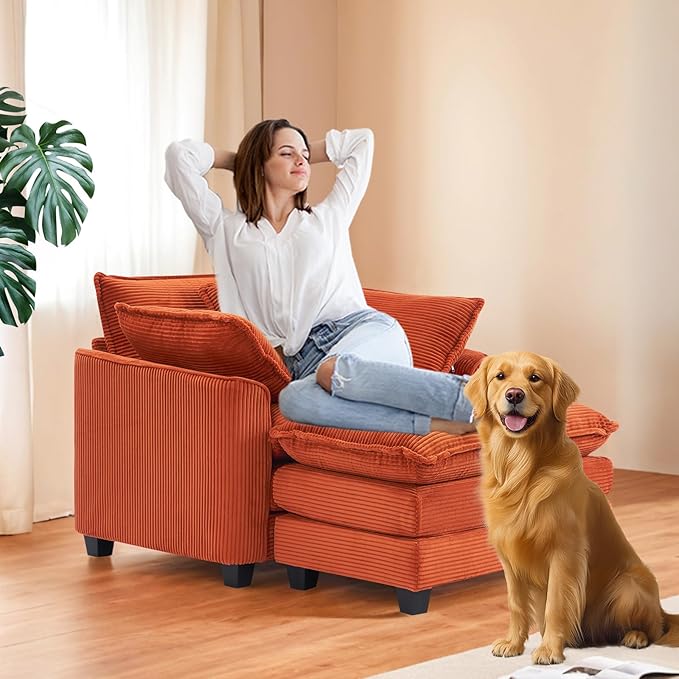 Furniliving Oversized Accent Chair with Ottoman Luxury Corduroy Single Sofa Upholstered Deep Seat Chaise Lounge with Pillows for Living Room Bedroom Apartment Orange
