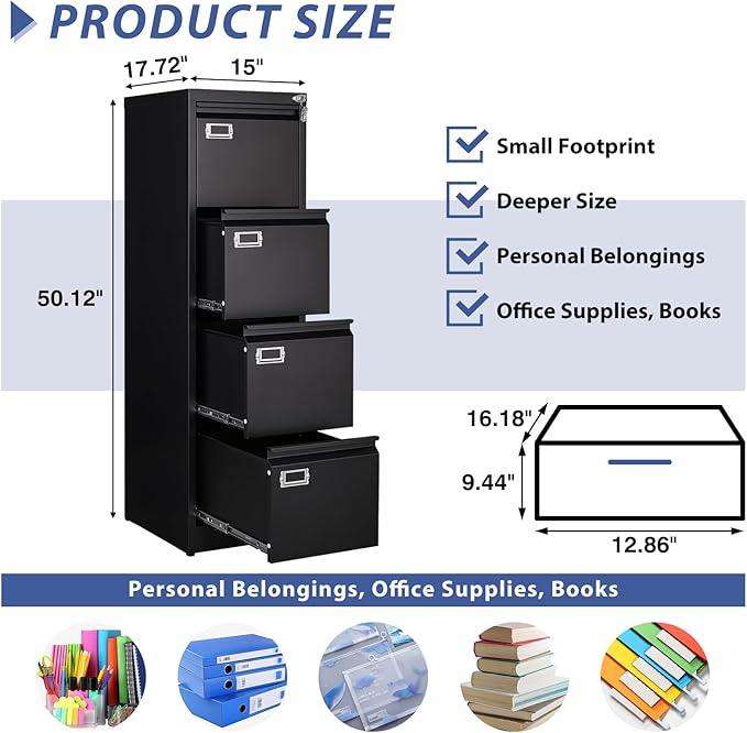 4 Drawer File Cabinet Filing Cabinets for Home Office Metal Vertical File Storage Cabinet with Lock Locking File Cabinet for A4 Legal/Letter 15 W x 17.7 D x 50.1 H Assembly Required