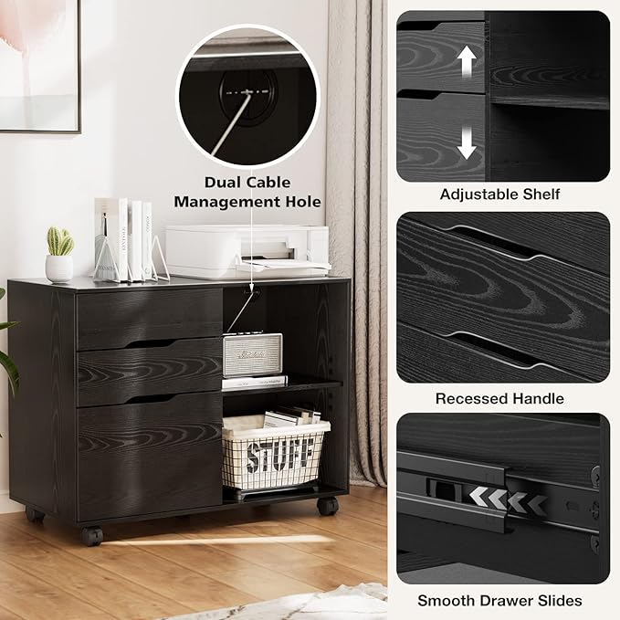 File Cabinet with 3 Drawers Mobile Lateral Filing Cabinet with Open Storage Shelves for Home Office Under Desk Storage Black