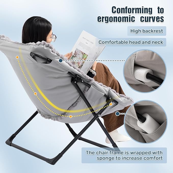 HollyHOME X-Large Saucer Chair Comfy Oversized Folding Chair Faux-Fur Reading Chair for Teens Adults Foldable Accent Lazy Chair Metal Lounge Chair for Living Room Bedroom Dorm Grid Blue&ampGr