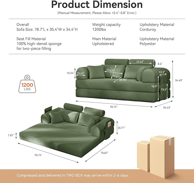 Convertible Folding Couch Bed Comfy Corduroy Sleeper Floor Sofa Bed with Fixed-Shape Frame Floor Sofa with Armrest Lounge Couch for Living Room Bedroom Lounge Studio High Backrest Green