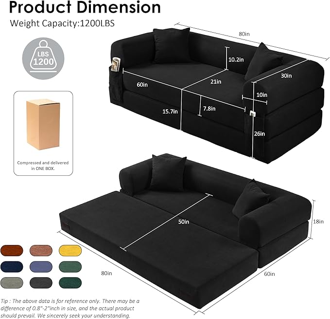 80 Convertible Sofa Bed 3-in-1 Corduroy Folding Pull Out Couch with Pillows No Assembly Modern Boneless Couch Compression Sofa in Box Floor Sofa with Side Storage for Living RoomBlack