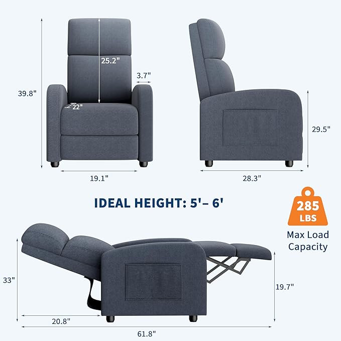 GarveeHome Linen Fabric Manual Recliner Chair with Side Pocket High Backrest Thick Cushion Adjustable Push Back ReclinerCozy Lounge Chair for Living Room Home Theater Bedroom Dark Gray