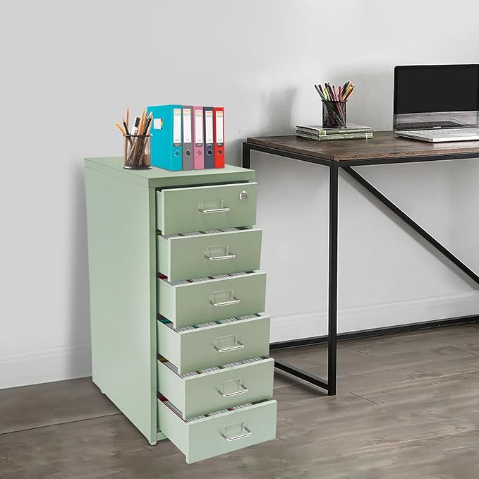 6 Drawer Filing Cabinets with Lock Metal Vertical File Storage CabinetMoblie Office File Cabinet with WheelsRolling Metal Filing Storage CabinetsLocking File Cabinet for for Home Office (Green)
