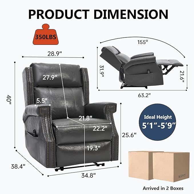 KEIKI Oversized Recliner Chair Manual Leather Recliner Chair with 8 Vibration Nodes Back Massager and Heating for Living Room Comfy Rocking Chairs for Living Room Grey