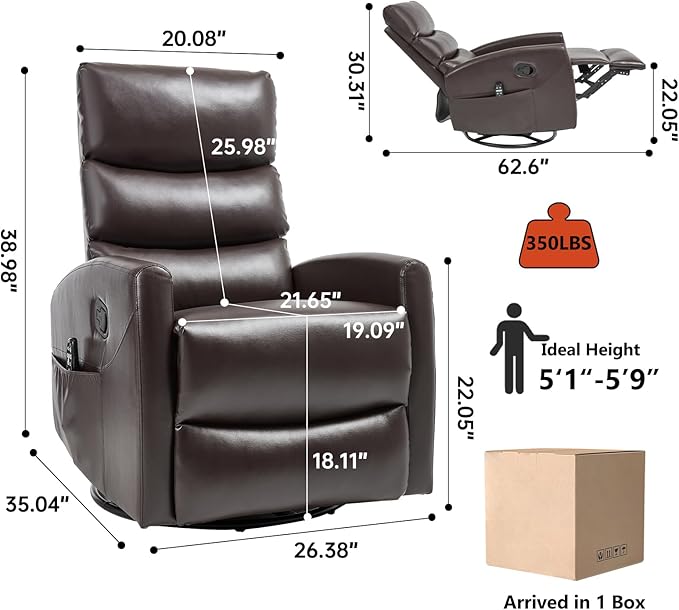 PELUMY 360° Swivel Rocker Recliner with Heat &amp Vibration Massage Glider Rocking Chair for Adults Compact Recliner for Living Room Small Spaces Nursery Bedroom (Breathable Leather Brown)